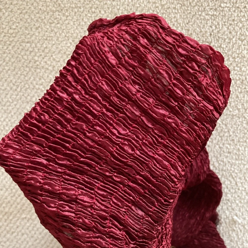 Anthropologie Smocked Ruched Tassel Fringe Scarf Luxurious Deep Wine Red VEUC